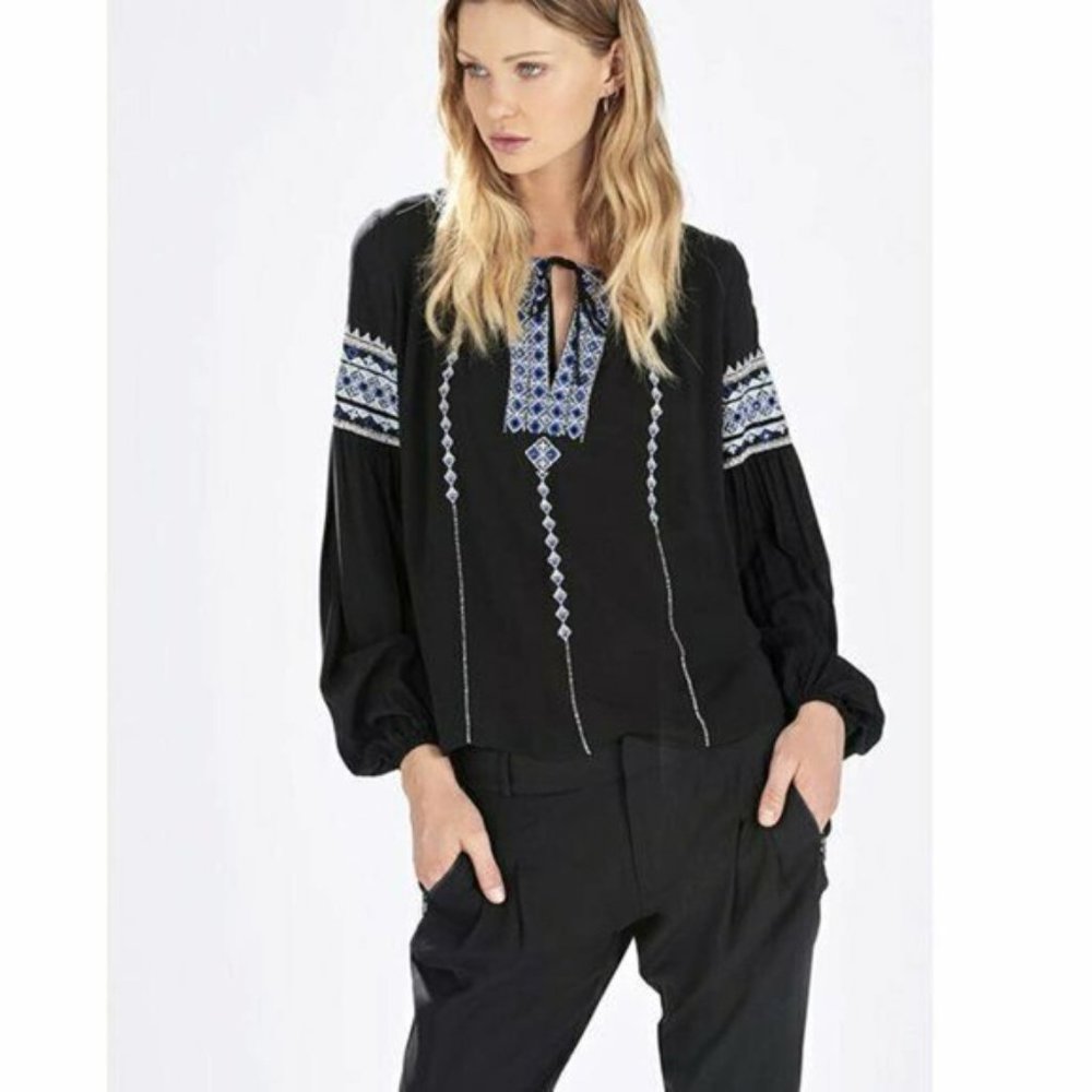 PARKER | Blue Acre Peasant Blouse | Small | Black, Embroidered | Like New